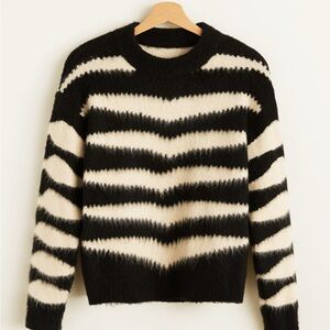MANGO ZEBRA TEXTURED SWEATER - Sz M Black Ivory Cream Stripe